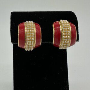 Vintage 1980s Orena Paris Red Enamel and Pearl Clip Earrings